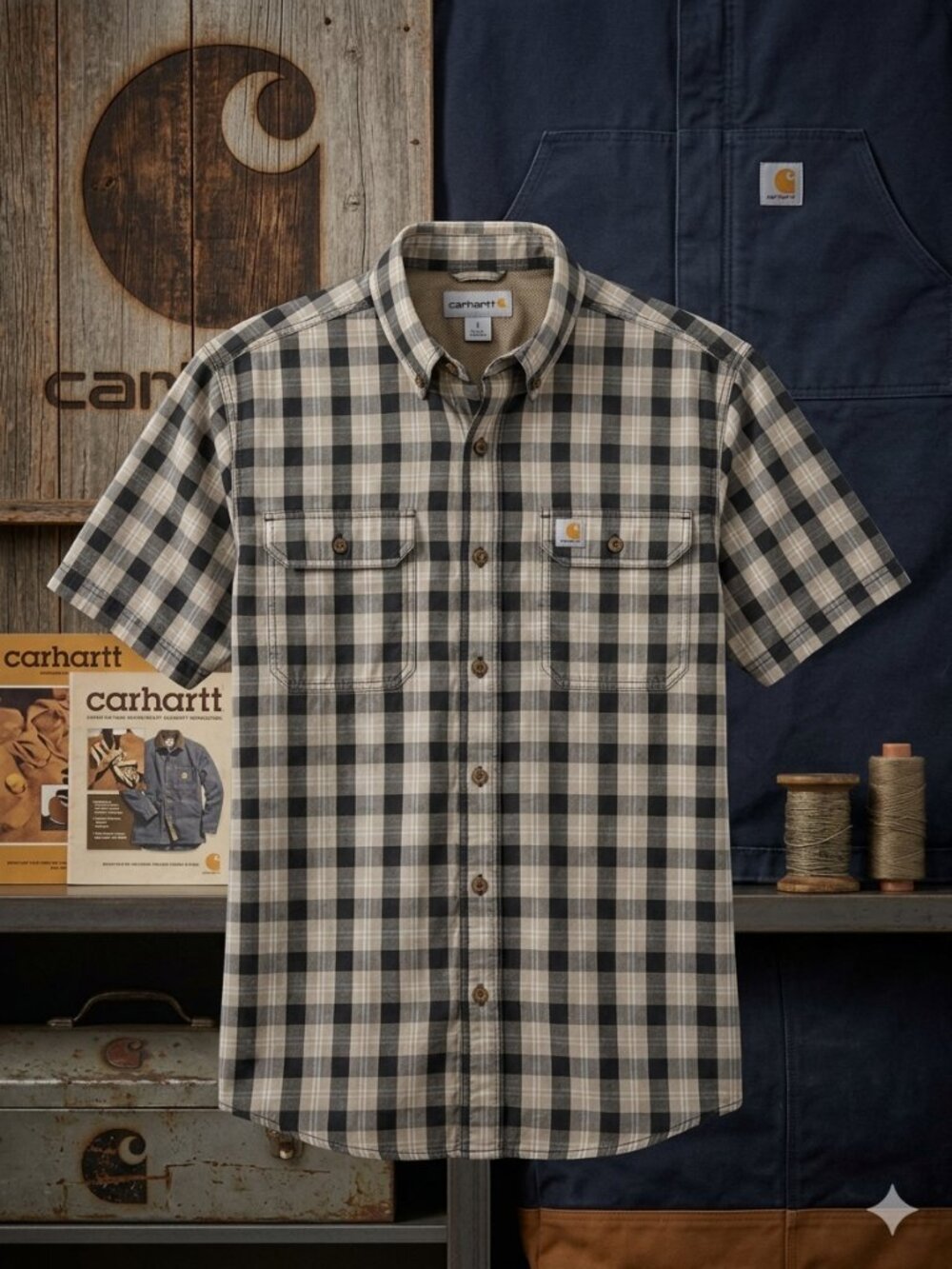 Carhartt Men's Short-Sleeve Plaid Work Shirt - Black & Gray